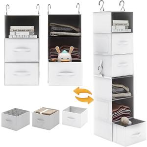 Twira 6Shelf Hanging Closet Organizer, 2 Separable 3Shelf Hanging Shelves, Hanging Storage with 3 Removanle Drawers 4 Side Pockets for Wardrobe, Nursery, Drom, Baby Clothes Organization White