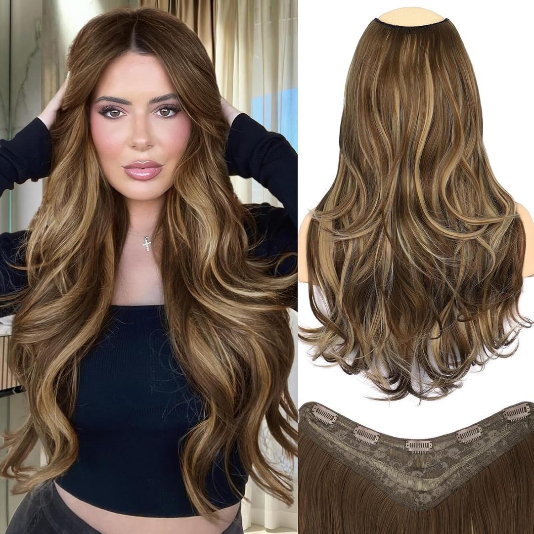 ALXNAN Long Wavy Layered Hair Extensions for Women, Clip in Hair Extensions Clip Ins Soft Full Head Synthetic Hairpieces 20 Inch Brown with Highlights