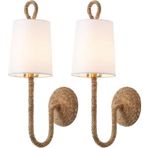 Natural Rattan Wall Sconce Set of 2, with Boho Woven Wicker and Creamy-White Fabric Shade for Vanity Stairway Fireplace Living Room Bedside Passway Hallway