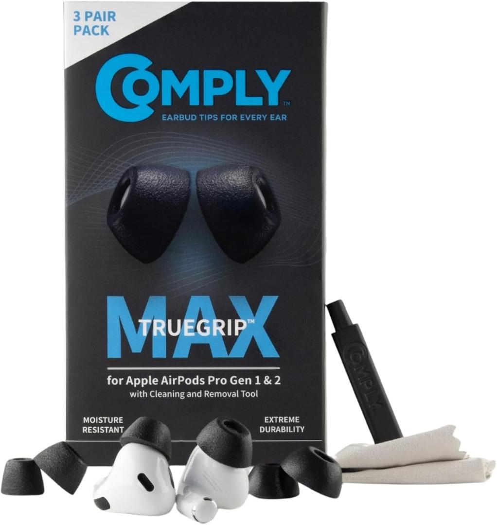 Comply TrueGrip MAX | Premium Memory Foam Replacement Earbud Tips for Apple AirPods Pro 1 & 2 | Long Lasting Comfort, Extreme Durability, Secure Fit, Superior Noise Isolation| Black (Small) (3 Pairs)