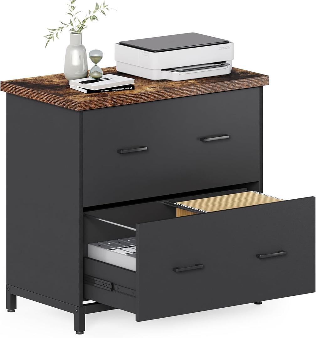 LITTLE TREE 2 Drawer File Cabinet for Home Office, 30.7-Inch Lateral Office Cabinet for A4 and Letter Size Files, Printer Stand, Storage Cabinet Organizer, Rustic Brown + Black