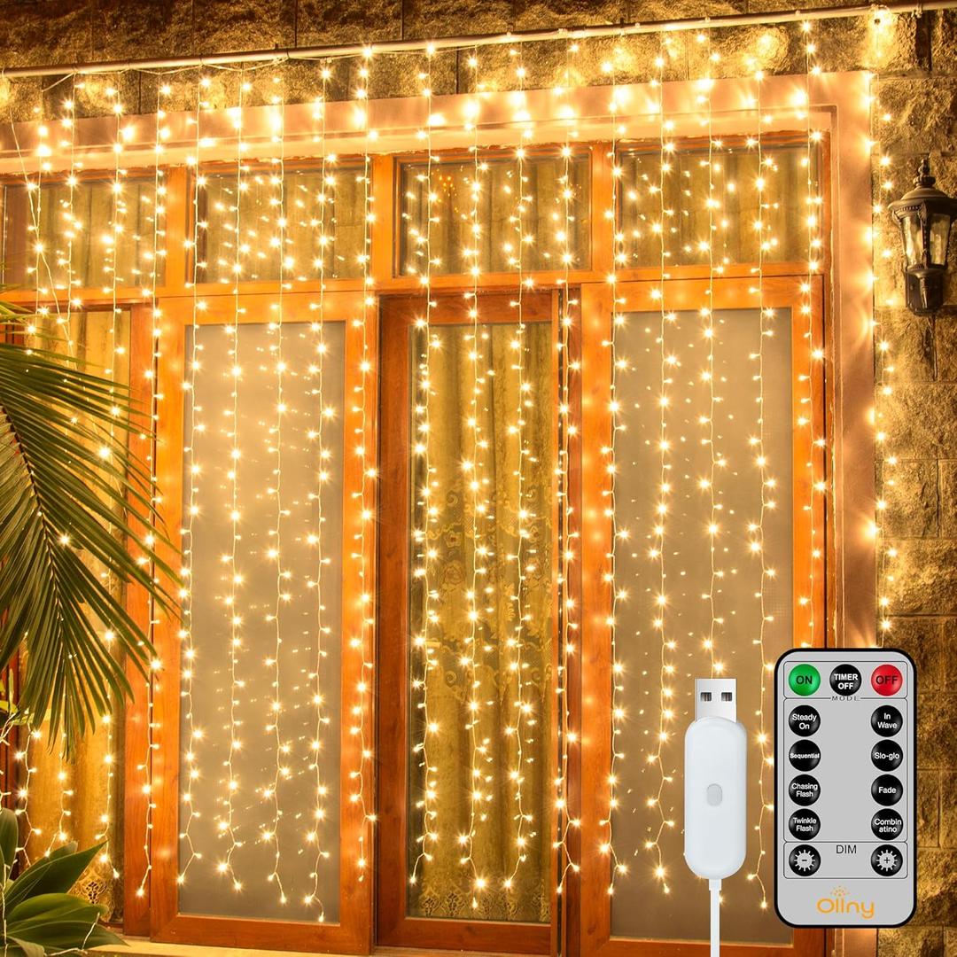 Ollny 2 Pack Curtain String Lights Warm White, 400LED 6.6x6.6ft Fairy Lights With Remote 8 Modes, Hanging Outdoor Waterproof, USB Power Wall for Bedroom Indoor Backdrop Window