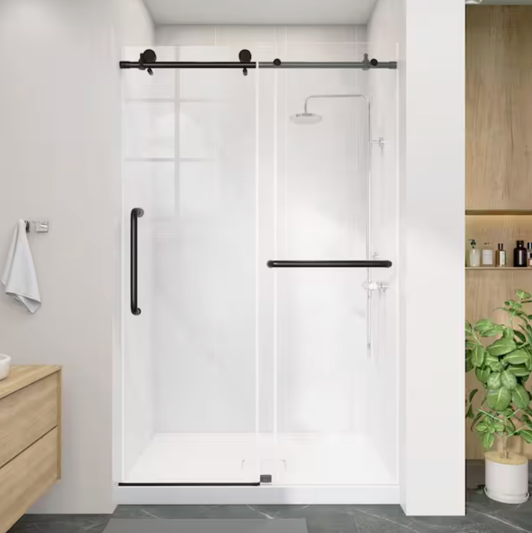 Getpro
44-48 in. W x 75 in. H Single Sliding Frameless Shower Door in Matte Black with 1/4 in. Thickness Tempered Clear Glass