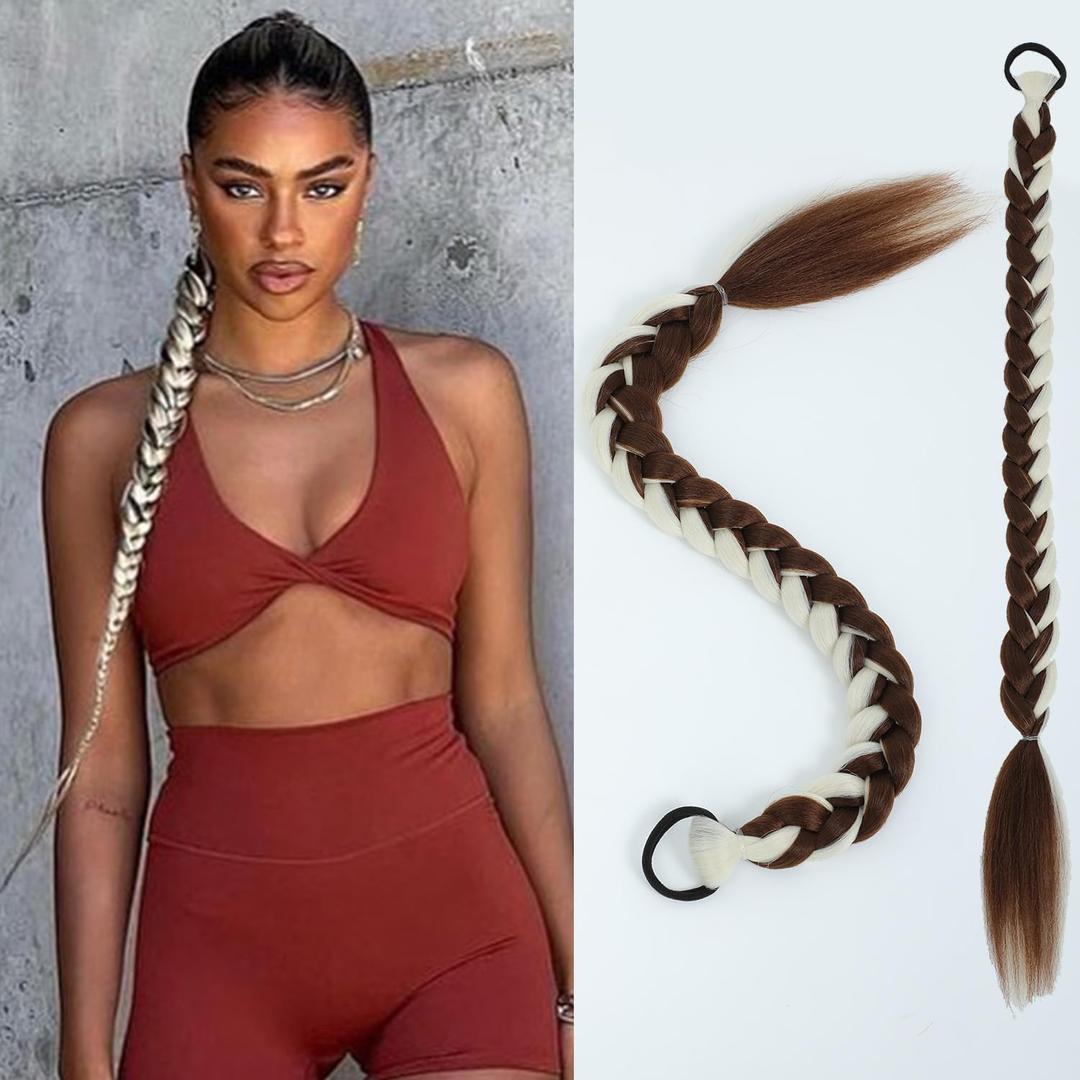 Long Braided Ponytail Extension for Black Women Soft Synthetic Hair Piece with Hair Tie Straight Wrap Around Ponytail Braided Hair Extensions pre Stretched 24 Inch 2 Packs 120 Gram (stripe skunk)