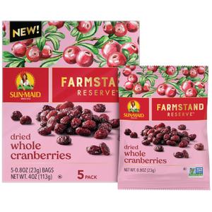 Sun-Maid Farmstand Reserve Whole Dried Cranberries - (5 Pack) 0.8 oz Snack Bag - Dried Fruit Snack for Natural Sweeteners (BB: October 10, 2025) Sun-Maid Farmstand Reserve Whole Dried Cranberries - (5 Pack) 0.8 oz Snack Bag - Dried Fruit Snack for Natural Sweeteners (BB: October 10, 2025)