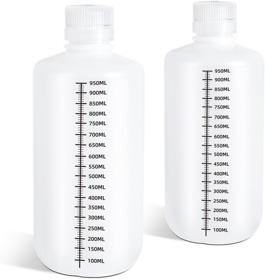 DEMORA 32oz Plastic Bottles with Airtight Caps for Liquids, Graduated Food Grade Plastic Containers, HDPE Thick Liquid Containers for Water Sample Medicine Laboratory Reagent (Translucent, 2 Pcs)