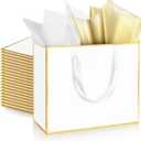 ReliThick 12 Pack Metallic Paper Gift Bag with Handles and Tissue Paper 11.8 x 10 x 4'' Thank You Favor Bag for Father's Day Wedding Bridesmaid Groomsmen 5 Senses Birthday Gifts(White, Gold)