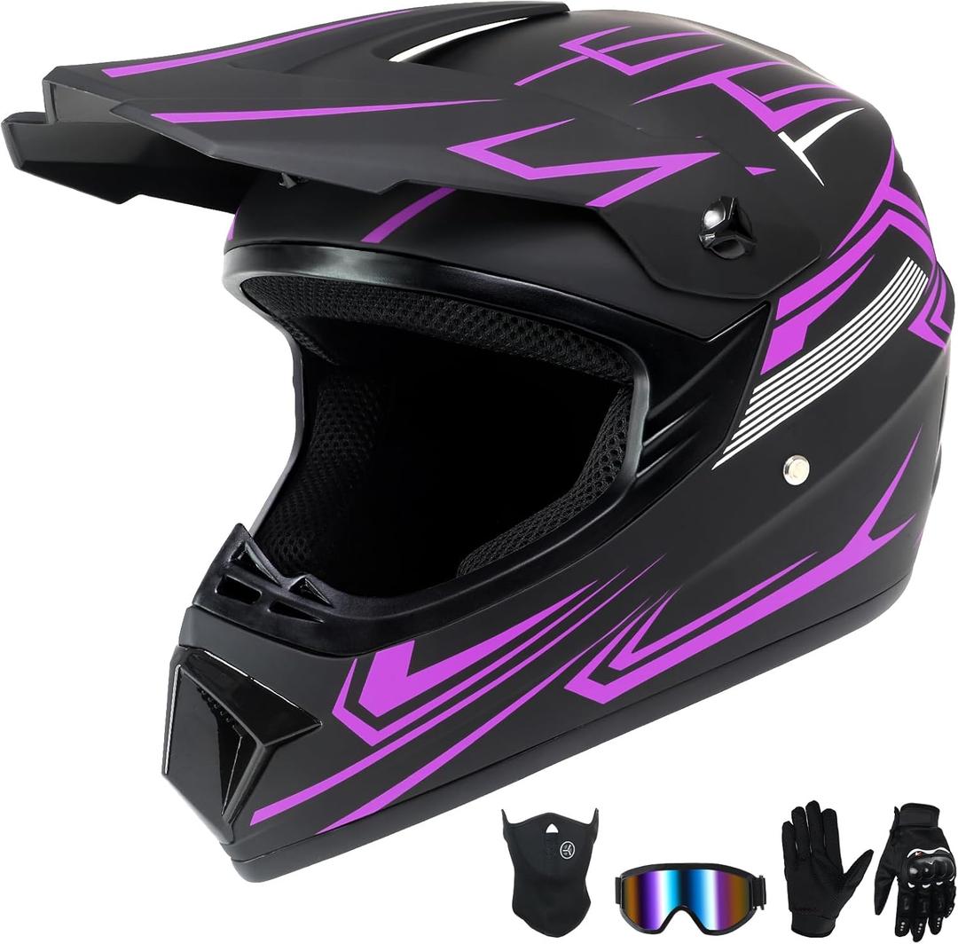 Youth Dirt Bike Helmet,Kids Motocross Full Face Helmets,Mountain Bike BMX MX ATV Girls Motorcycle Helmet for Kids 8-14 with(Goggles,Gloves,Mask) 4-Pcs Set,DOT Approved (Purple, M)