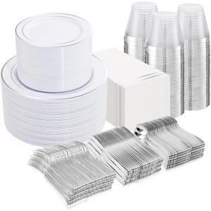 NOCCUR 700PCS Silver Plastic Plates Disposable 100 Guests - White Plastic Plates with Silver Trim Include 100 Dinner Plates,100 Dessert Plates,300 Cutlery,100 Cups,100 Napkins for Party&Christmas
