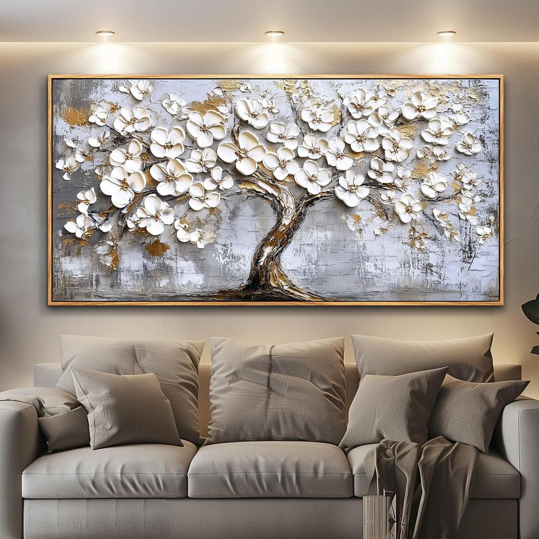 Large Wall Decor for Living Room Canvas Wall Art for Office Modern Wall Decorations for Bedroom Gold Accent White Flower Tree Landscape Painting Wood Frame Artwork Room Home Decor 24x48 in