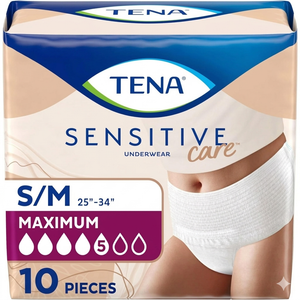 Tena Sensitive Care Incontinence Underwear for Women, Maximum, S/M, White, 10 Count (Waist Size 25in-34in)