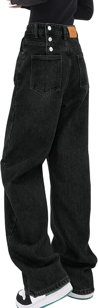 EMMIOL Women Baggy Jeans Mid-Low Waist Boyfriend Streetwear Vintage Jeans Wide Leg Denim Pants (Medium, Black-076)