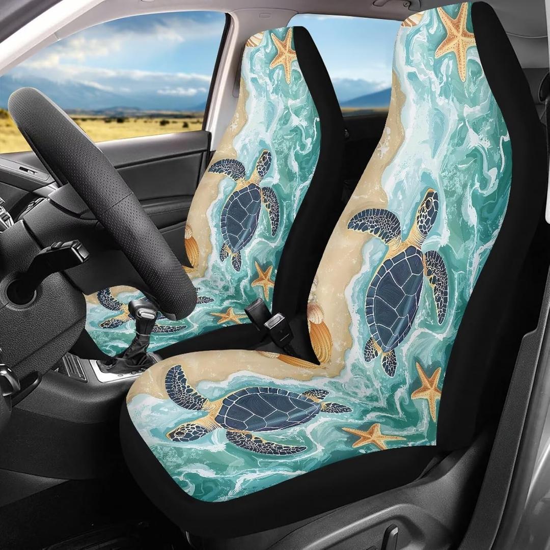 Bulopur Beach Sea Turtle Car Seat Cover Set Washable Breathable Automotive Vehicle Seat Cover 2pcs, Universal Auto Front Seats Protector Fits for Car,SUV Sedan,Truck Easy to Install