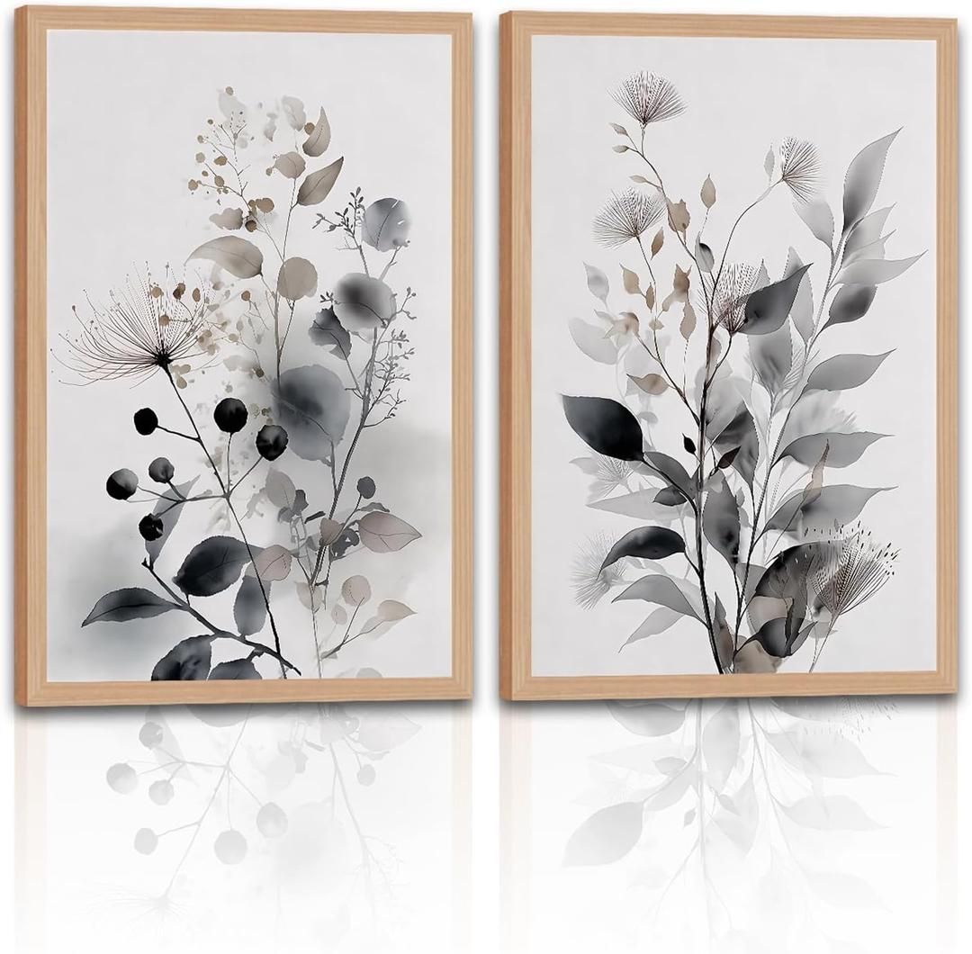 2 Piece Framed Botanical Wall Art, Neutral Floral Canvas Prints 16x24in