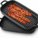 2 Pcs Microwave Bacon Tray Ceramic Microwave Bacon Cooker for Oven Upgraded Square Baking Tray with Handle for Home Kitchen Breakfast Dishwasher 11.6" x 6"(Black)