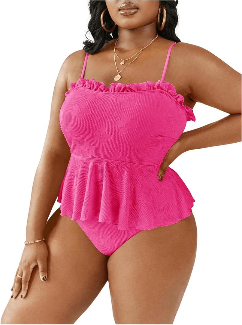 MakeMeChic Women's Plus Size 2 Piece Tankini Sets Textured Frill Trim Ruffle High Waist Swimsuit Bathing Suit, 1XL