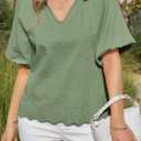 Tankaneo Womens Summer Puff Sleeve Tops V Neck Blouses Casual Tee Shirts (Green, M)