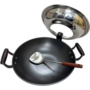Chinese Wok with Lid, 15.2 Inch Flat Bottom, Cast Iron