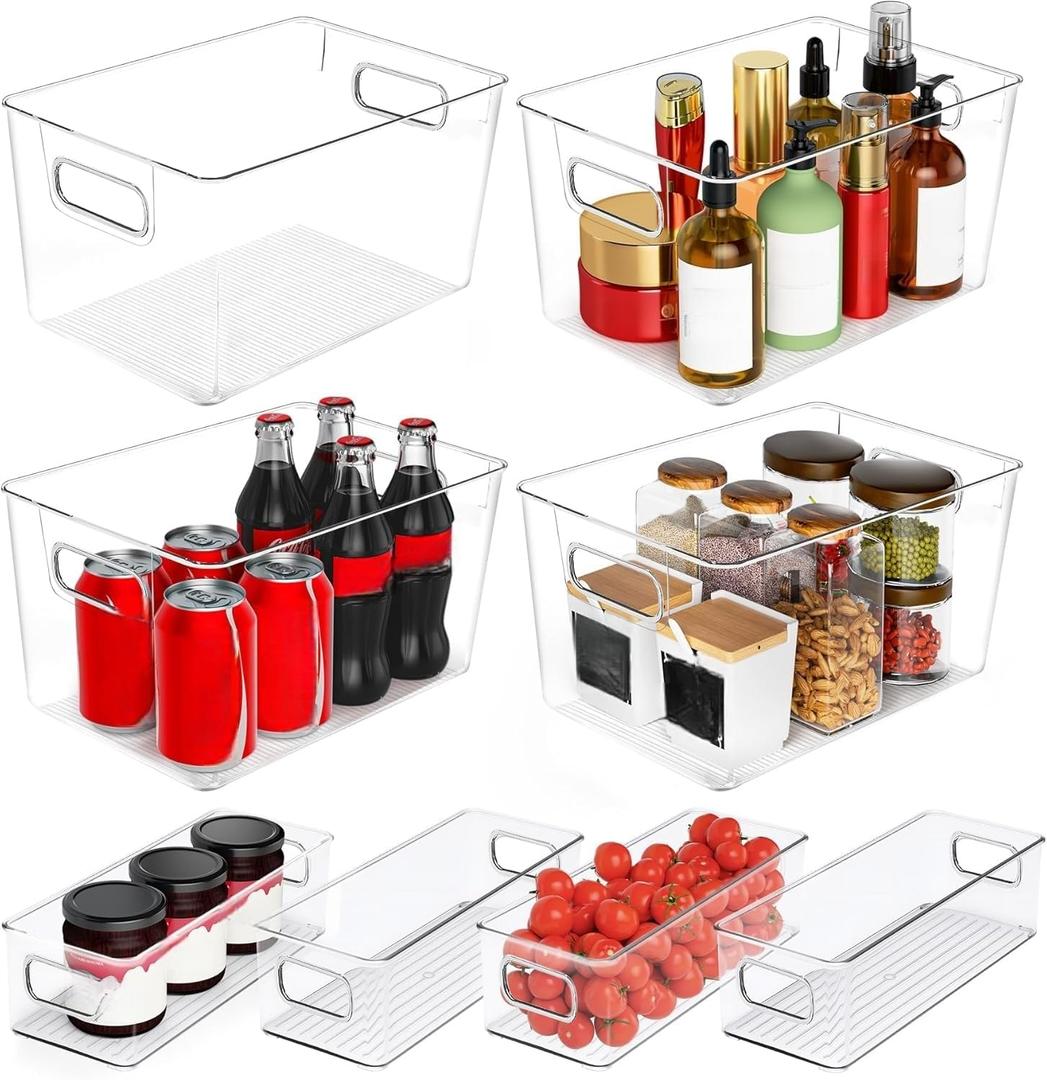 Clear Plastic Storage Bins 8 Pack - Pantry Organizers and Storage, Fridge Organizer Containers for Kitchen, Cabinet, Freezer, Bathroom, Clost, Home Organization (4 Larger + 4 Small)