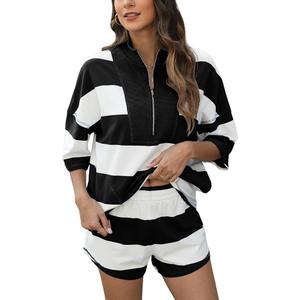 Womens Cotton Half Zip Retro Set Elastic Waist Short Striped Stylish Comfortable Versatile Activewear Outfit M