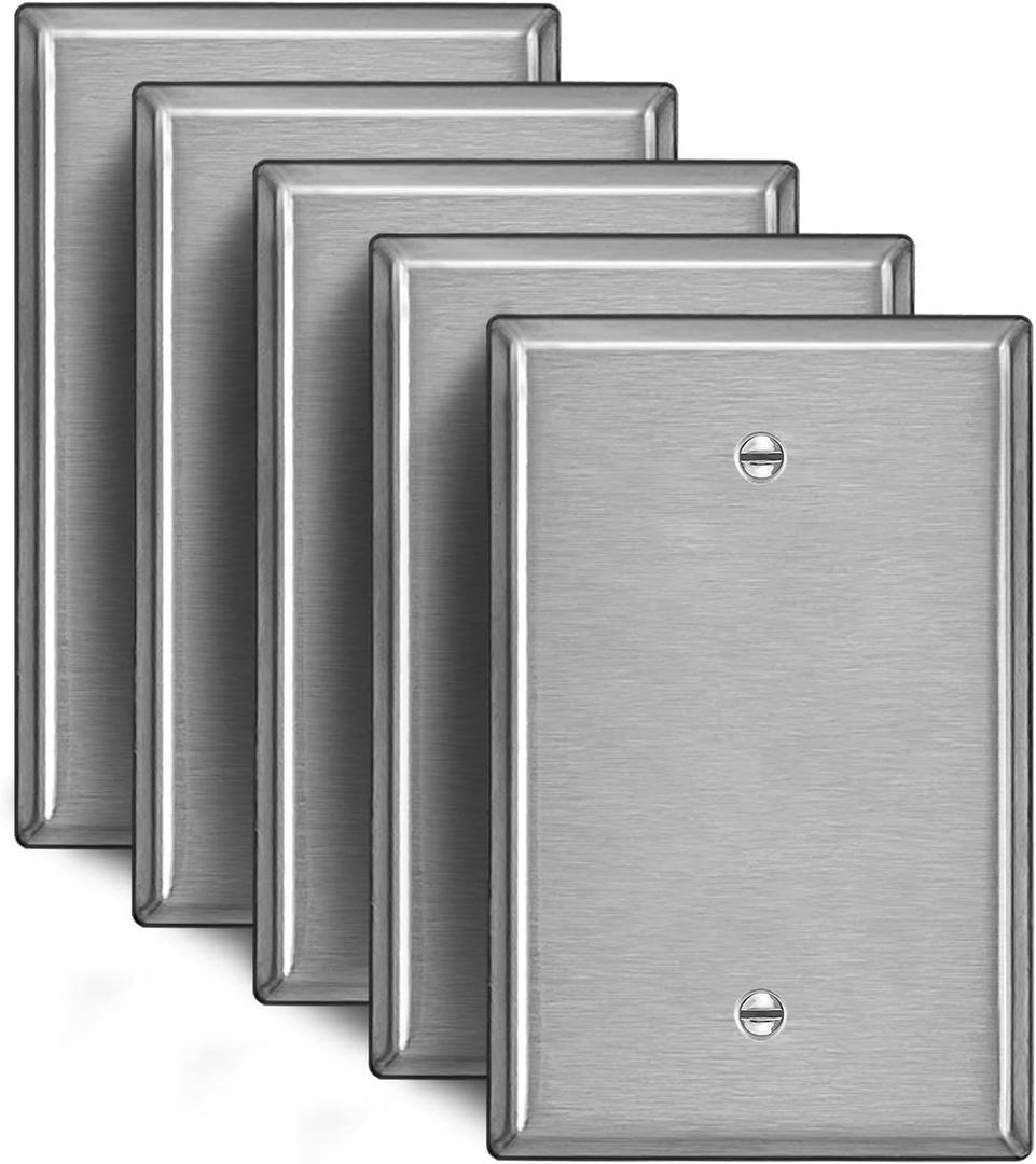 [5 Pack] BESTTEN 1-Gang Oversize No Device Blank Metal Wall Plate, Oversized Jumbo Stainless Steel Outlet Cover, Screw Included, Silver