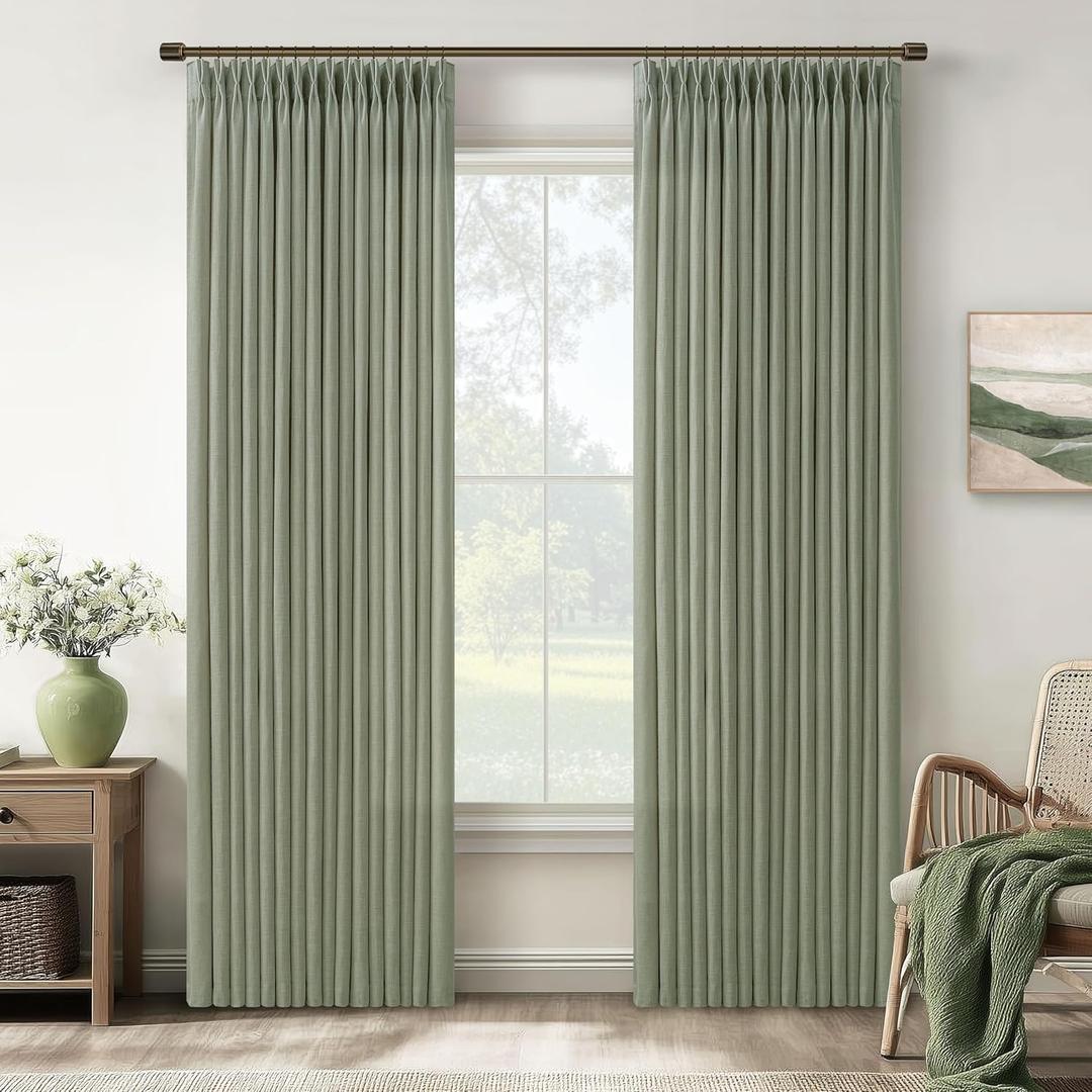 Sage Green Linen Curtains 96 Inches Long 2 Panels Set Pinch Pleat for Living Room Dining Light Filtering Semi Sheer Ceiling Track Curtains with Hooks Rings Pleated Drapes for Bedroom Window 8FT