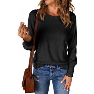 Cicy Bell Womens Crew Neck Long Sleeve Sweater Trendy Casual Scallop Trim Fall Knit Lightweight Pullover Tops (X-Large, Black)