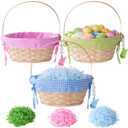 Easter Baskets for Kids, 3 Pcs Large Personalized Wicker Bamboo Easter Basket Empty with Handle, Basket Tags, Pink, Blue, Green Woven Rope Egg Easter Baskets Gifts for Boys Girls Babies Toddler