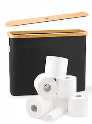 LONBET Toilet Paper Storage for 12 Rolls, Stackable & Foldable - The Ultimate Bathroom Organizer - Waterproof Basket with Bamboo Lid - Elegant Toilet Paper Storage Holder, Black