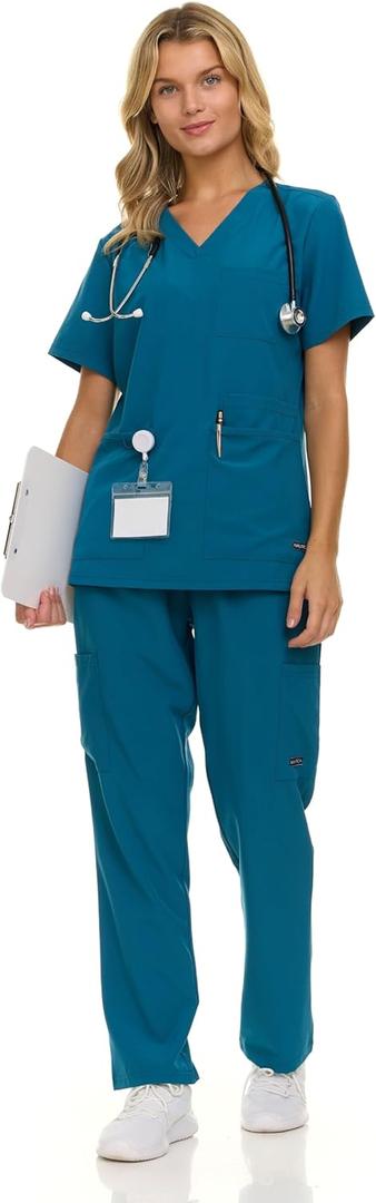 Nautica Women's Scrub Set, 9-Pocket Breathable & Stretchy Pants & Tops (4X, Carribean)