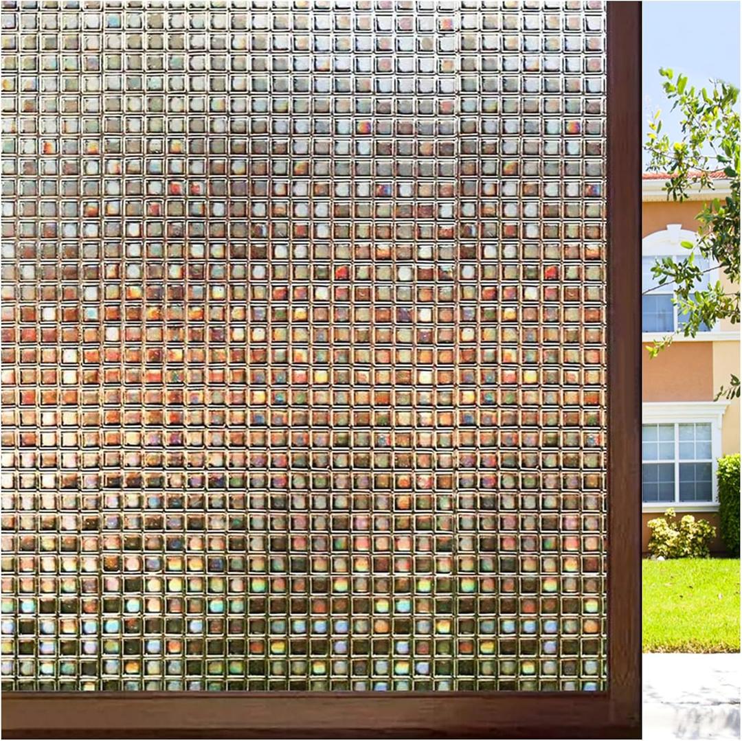 rabbitgoo Window Privacy Film Stained Glass Window Film, Mosaic Rainbow Decorative Glass Cling, Removable Static Cling Tint, Non-Adhesive Privacy Covering for Home, Brown, 35.4 x 118.1 inches