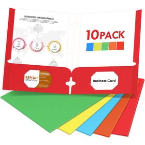 Folders with Pockets, 2 Pocket Folders (10 Pack, Assorted Colors), Paper Folders with Pockets, 3 Hole Punched with Business Card Slot, Letter Size, File Folders for School Office Home