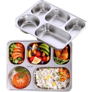 Set of 2 Stainless Steel Rectangular Divided Plates Tray 5 Sections Dinner Plates for Adults - Unbreakable Metal Plate for Campers, and Portion Control Reusable Plate