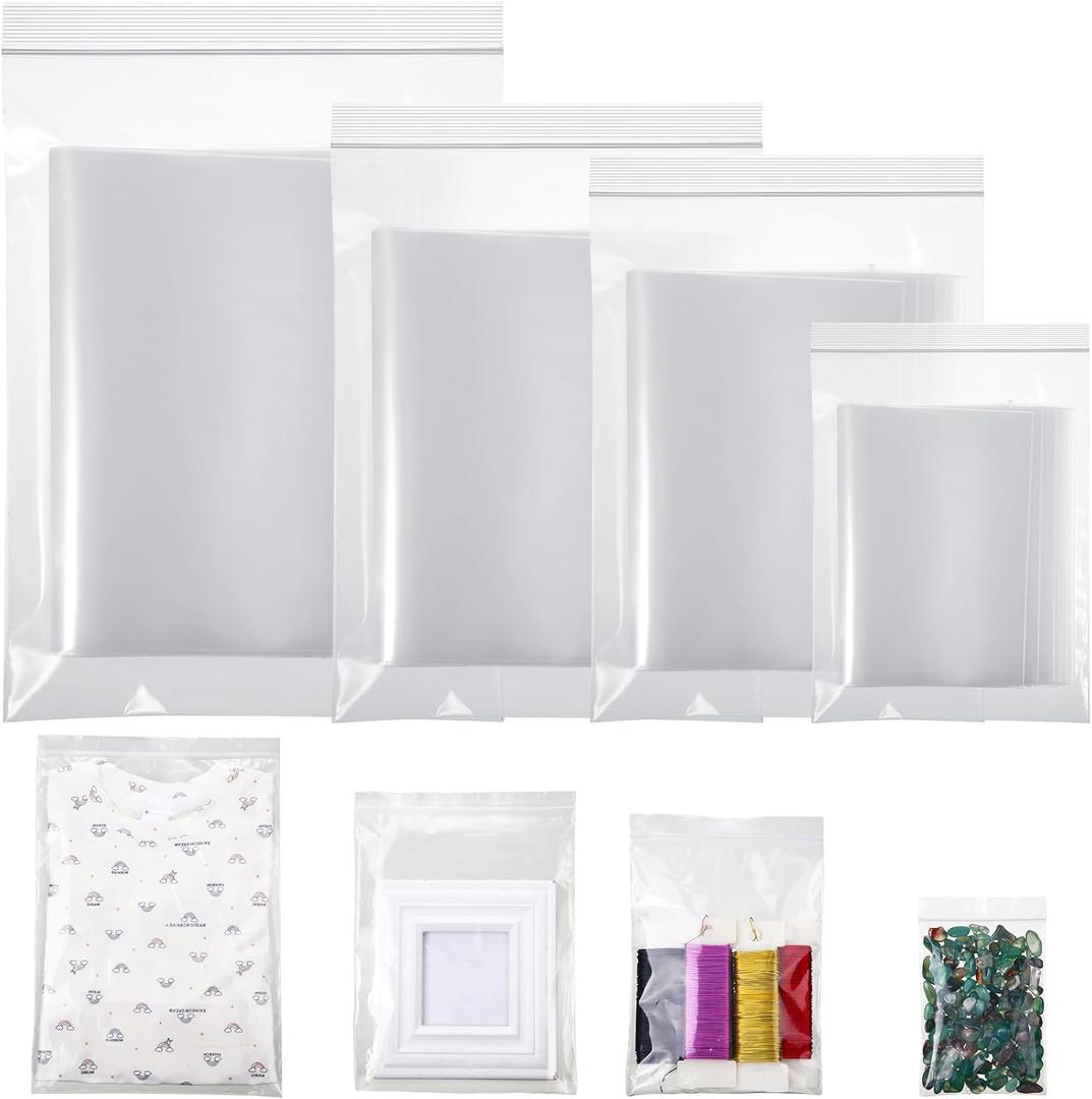 Zonon 4 Sizes 100 Pack Clear Reclosable Zipper Storage Bags 2 Mil Plastic Poly Bags Resealable Lock Seal Zipper for Jewelry, Daily Vitamin (6 x 9 Inch, 9 x 12 Inch, 10 x 13 Inch,12 x 15 Inch)