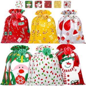 Aneco 12 Pieces Large Gift Bags Christmas Oversize Plastic Storage Bag with Tag and Pull Bows Giant Holiday Goody Gift Bags for Party Favor Supplies