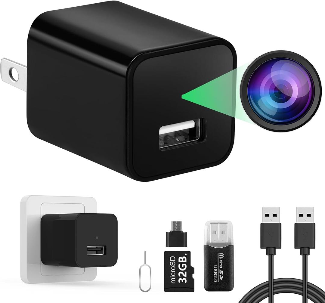 Mini Camera USB Charger Full HD 1080P Video, Security Charger Cam for Home & Office Monitoring, Wall USB Camera with 32GB Micro SD Card