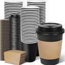 Ginkgo 100 Pack 12 oz Disposable Coffee Cups with Lids and Sleeves, To Go Leak-Proof Black Paper Cups for Picnics, Parties, Travel, Offices and Coffee Bar Supplies