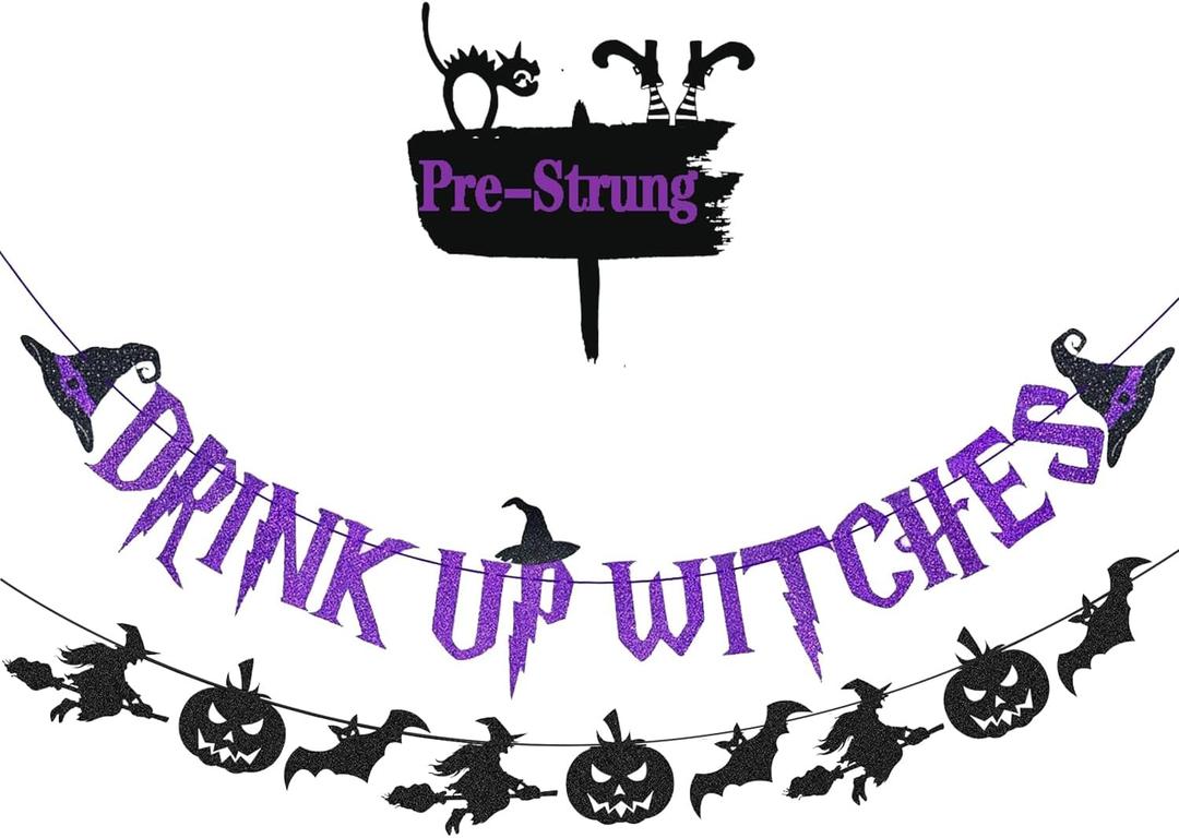 2 x Pre-Strung Drink Up Witches Banner, Glitter Happy Halloween Banner Decorations with Pumpkin Bat Witch Sign for Halloween Party Home Office School Indoor Wall Mantel Hanging Backdrop Garland Decor