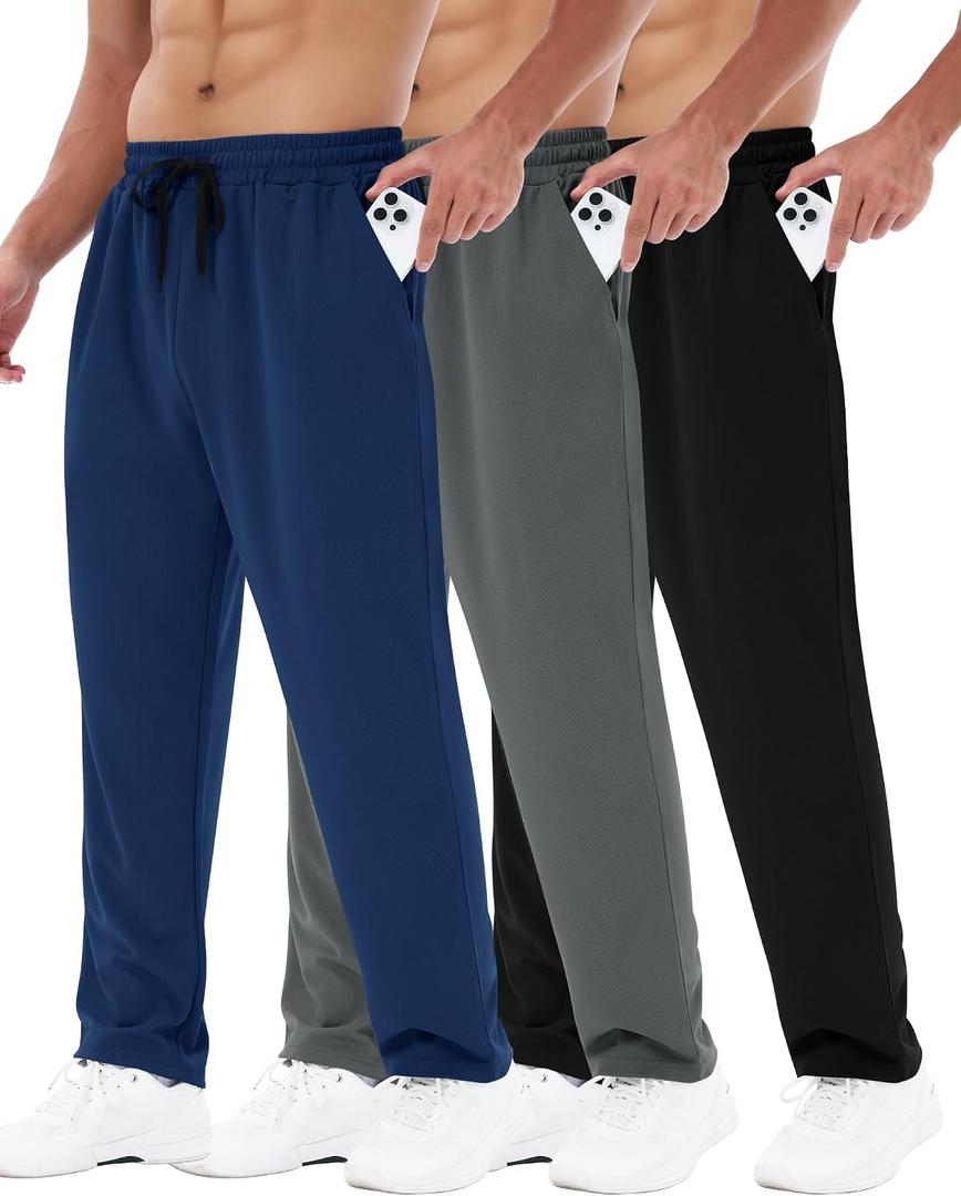 3 Pack Mens Sweatpants with Pockets - Mesh Open Bottom Athletic Joggers for Men Loose Fit Gym Workout Running Casual Pants L