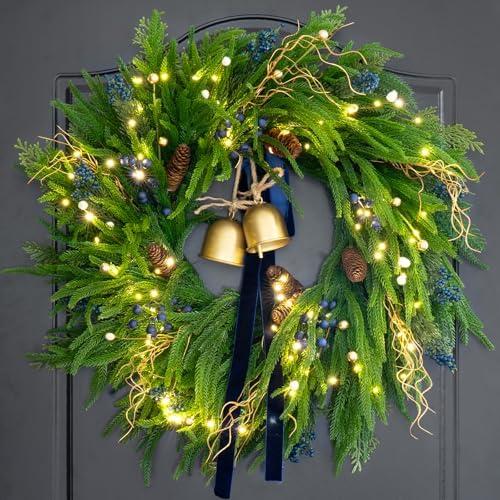 24 Inch Pre-Lit Norfolk Pine Christmas Wreath for Front Door, Artificial Plants Green Christmas Wreath with Lights, Velvet Ribbon, Natural Berries, Pinecones and Bells, Lighted Door Wreath