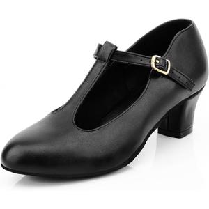Womens Character T-Strap Dress Shoes - Leather Salsa Dance Heels, Black W 8.5