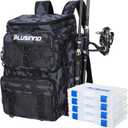 PLUSINNO Fishing Backpack with Rod Holders Tackle Box, 42L Large Water-resistant Fishing Tackle Bag Store Fishing Gear (Black Camo4 Tackle Boxes Included)