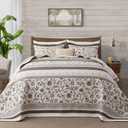 Oversized King Bedspreads 128x120, 100% Cotton California King Quilt, Farmhouse Botanical Pattern, Reversible Lightweight Comforter Bedding Set with 2 Pillow Shams, Brown/Coffee