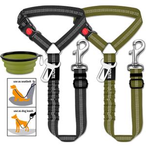3 Piece Set Dog Seat Belt Retractable Dog Car Seatbelts Adjustable Pet Seat Belt for Vehicle Headrest Restraint Adjustable Heavy Duty & Elastic & Durable Car Harness for Dogs (09-Black+Olive)
