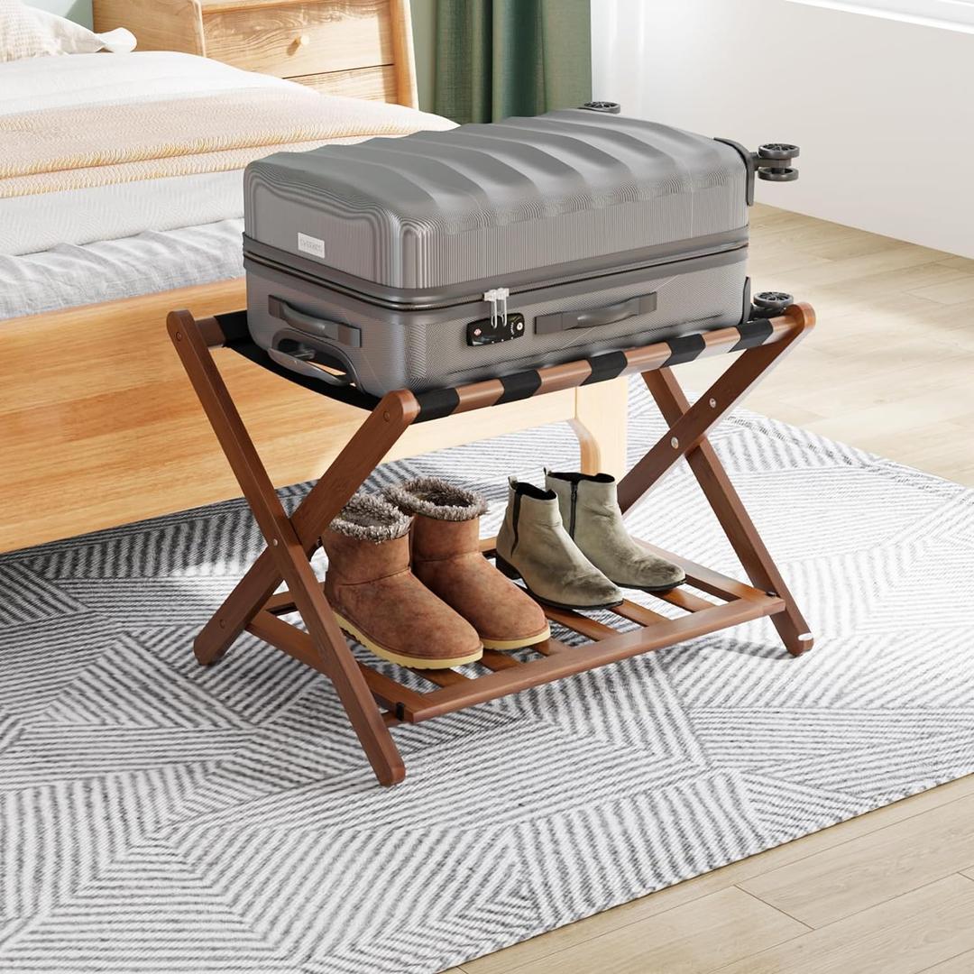 Smuxee Fully Assembled Walnut Luggage Rack, Upgraded Bamboo Foldable Suitcase Stand with 5 Nylon Straps, Luggage Holder with Shelf for Guest Room Bedroom Hotel