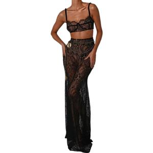 Women 2Pcs Lingerie Set Lace See-Through Sleeveless Camisoles High Waist Long Skirts with Chain Sleepwear (Black, S)