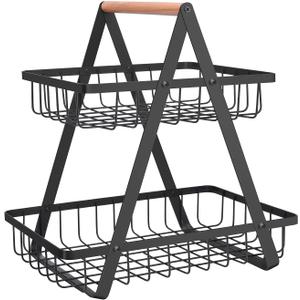 2 Tier Countertop Fruit Basket, Portable Fruit Bowl for Kitchen Organizer Storage & Dining Room Fruits Vegetable Bread Snacks, Detachable Metal Rectangle Basket Storage (Black)