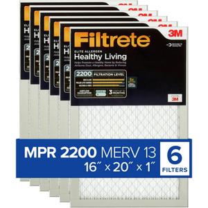 Filtrete 16x20x1 AC Furnace Air Filter, MERV 13, MPR 2200, Elite Allergen, Bacteria & Virus Filter, 3-Month Pleated 1-Inch Electrostatic Air Cleaning Filter, 6-Pack (Actual Size 15.69x19.69x0.78 in)
