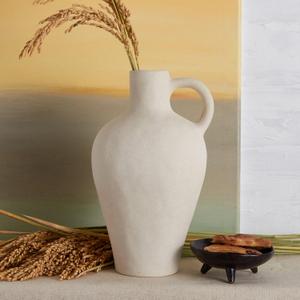 BlossoME Antique Ceramic White Vase for Home Decor, Stoneware Jug for Room Centerpiece, Rustic, Farmhouse and Vintage Pottery Gifts, Matte, with Handle-Height 10