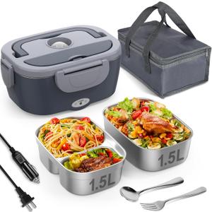 Vabaso Electric Lunch Box for Adults, 80W Heated Lunch Box with Dual 1.5L Stainless Steel Containers, Portable Food Warmer for Men Work Car Truck, 12V/24V/110V/220V - Eternal Gray